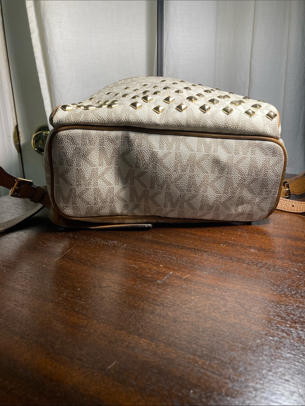 Michael Kors Cream and Tan MK Logo Studded Abbey Medium Backpack - Picture 6 of 12